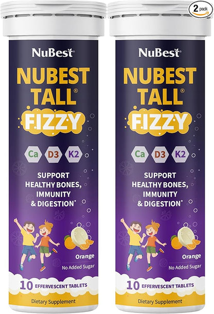 NuBest Tall Fizzy - Bone Strength, Immunity, Digestive Health for Kids & Teens | Probiotic, Calcium, Magnesium from Red Marine Algae, Vitamin D3, K2 & Zinc | 20 Orange Effervescent Tablets - Ages 4+