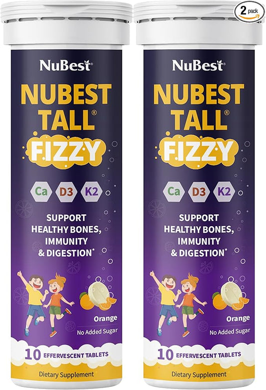 NuBest Tall Fizzy - Bone Strength, Immunity, Digestive Health for Kids & Teens | Probiotic, Calcium, Magnesium from Red Marine Algae, Vitamin D3, K2 & Zinc | 20 Orange Effervescent Tablets - Ages 4+