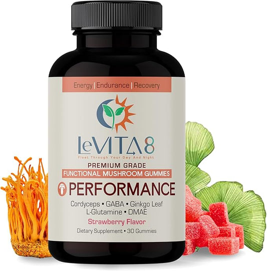 LeVITA8 Premium Mushroom Gummies for Focus & Energy - Cordyceps Gummies with 100% Natural Strawberry Flavor for Adults - Mushrooms Herbal Supplements for Endurance & Immune Support - 1 Month Supply