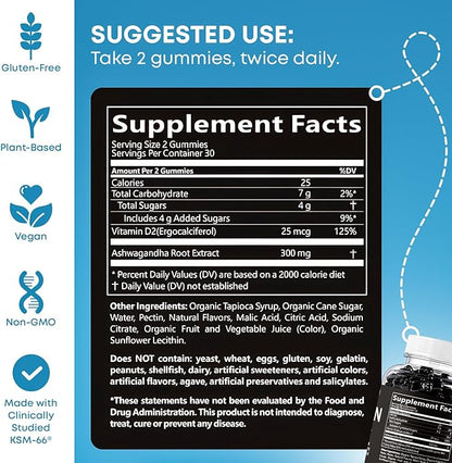 Ashwagandha & Vitamin D Gummy - 60 Count - Mixed Berry, KSM-66, Vegan & Vegetarians, Plant Based, Non-GMO, Gluten-Free & Gelatin Free Relax. Restore. Unwind, (Pack of 1)