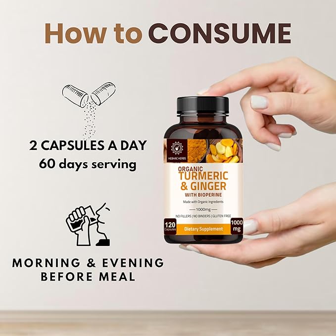 Turmeric Ginger with Black Pepper & Ginger 1000 mg 120 Capsules | Turmeric and Ginger Supplement with 95% Curcuminoids | Extra Strength Supplement| Joint Support Supplement | Non-GMO - 120 Capsules