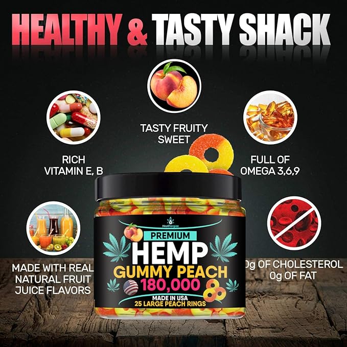 Hemp Gummies-Premium Peach Rings-Fresh and Full Flavor-Natural Hemp Oil Gummy-Great for Back, Neck, Knees, Muscles, Joints, Calm, Relax, Discomfort-Made in USA
