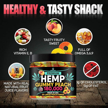 Hemp Gummies-Premium Peach Rings-Fresh and Full Flavor-Natural Hemp Oil Gummy-Great for Back, Neck, Knees, Muscles, Joints, Calm, Relax, Discomfort-Made in USA