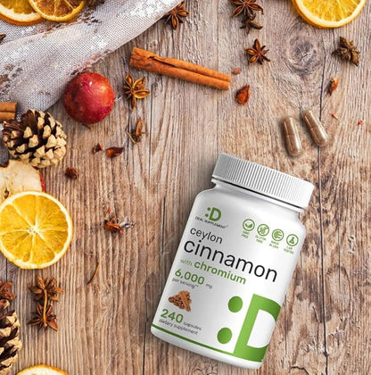 Ceylon Cinnamon 6,000mg with Chromium 1,000mcg Per Serving, 240 Capsules –Active Inner Bark Extract – True Sri Lanka Source – Natural Cinnamon Supplements– Non-GMO