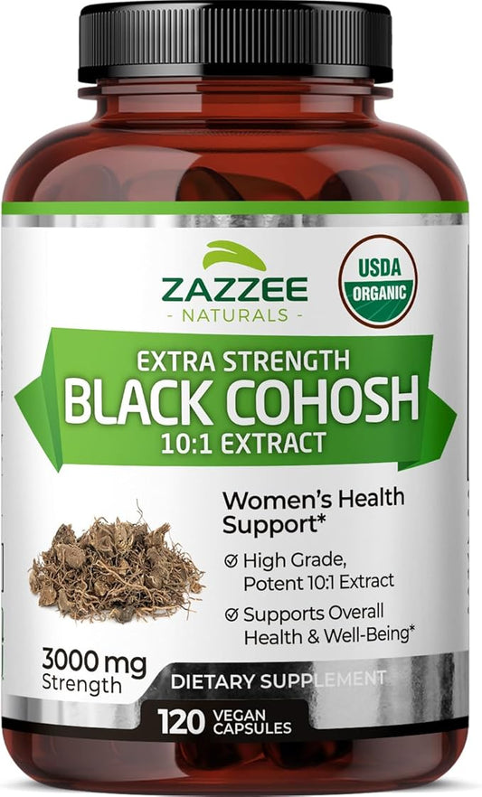 Zazzee USDA Organic Black Cohosh 10:1 Extract, 3000 mg Strength, 120 Vegan Capsules, 4 Month Supply, Standardized and Concentrated 10X Extract, 100% Vegetarian, All-Natural, Non-GMO, Made in The USA