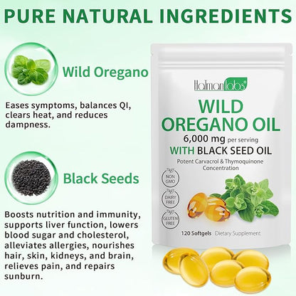 Oil of Oregano Softgels,Oregano Oil Capsules Organic,2-in-1 6000mg Oil of Oregano with Black Seed Oil 200mg,Oregano Oil with Black Seed Oil Softgels,120 Softgel Capsules