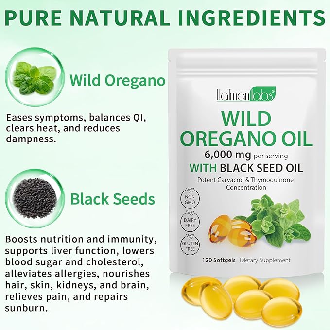 Oil of Oregano Capsules - 2 in 1 6000mg Oil of Oregano with Black Seed Oil 200mg - Oregano Oil Supplement Capsules - Digestive Support & Antioxidant, Non-GMO Digestive Support (2 Pack)