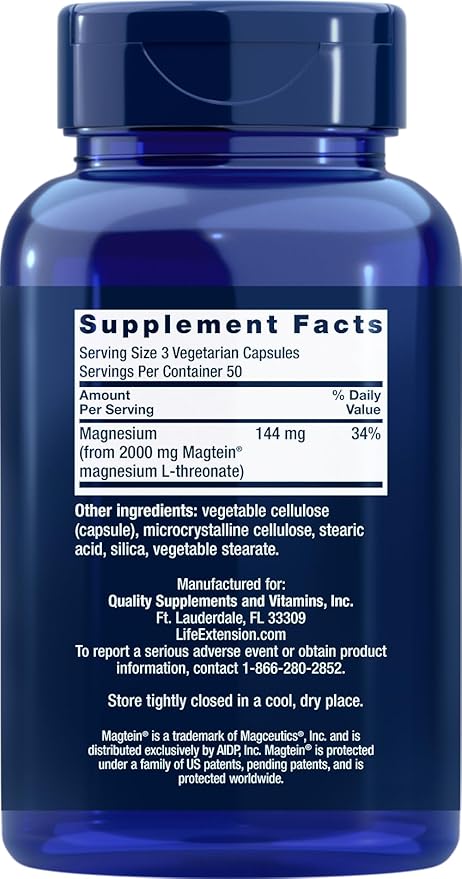 Life Extension Neuro-Mag Magnesium L-Threonate, 150 Veg Caps, Magtein Supplement for Women and Men