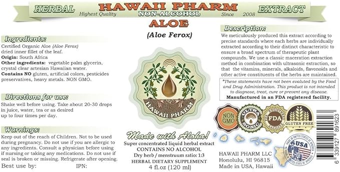 Aloe Alcohol-Free Liquid Extract, Aloe (Aloe Ferox) Dried Leaf Glycerite Hawaii Pharm Natural Herbal Supplement 2x2 oz