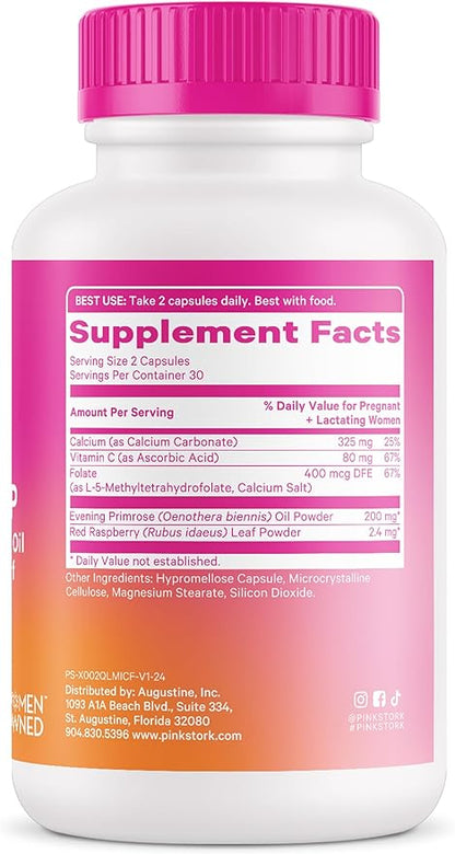 Pink Stork Labor Prep - Evening Primrose Oil Capsules with Red Raspberry Leaf Tea, Gentle Birth & Postpartum Care, Third Trimester Pregnancy Must Haves, 60 Capsules