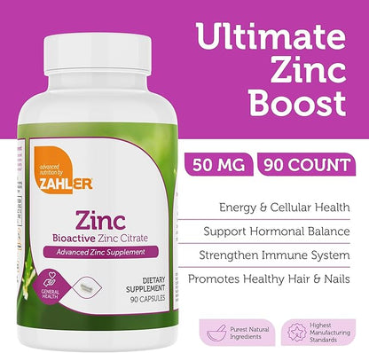 Zahler Zinc 50mg, Supports Immune and Antioxidant Protection, Certified Kosher, 90 Capsules