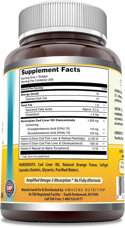 Amazing Omega Norwegian Cod Liver Oil 1250 Mg Softgels Supplement | Omega-3, EPA, DHA, Vitamin A, Vitamin D & Vitamin E (Orange | 250 Count)