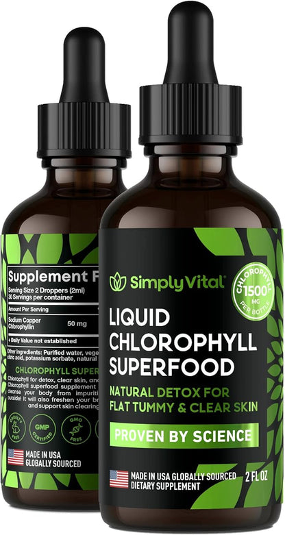 SimplyVital Chlorophyll Liquid Drops for Clear Skin & Energy Boost - Immune Support Supplement - Made in USA - Liquid Chlorophyll for Gut Health - Internal Deodorant - Antioxidant- 2 FL OZ