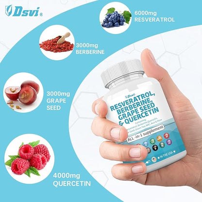 60 Capsules Resveratrol 6000mg Berberine 3000mg Grape Seed Extract 3000mg Quercetin 4000mg Green Tea Extract Polyphenol Supplement with N-Acetyl Cysteine Acai Extract for Women and Men,USA