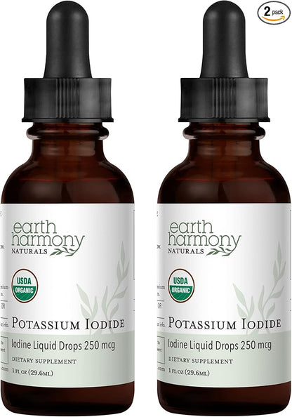 USDA Organic Potassium Iodide 250 mcg Liquid Supplement 2-Pack (1-Year Supply) - Supports The Thyroid Gland and Helps Exposure & Low Levels of Iodine - More Bioavailable Than Tablets, Pills - 1 Fl Oz