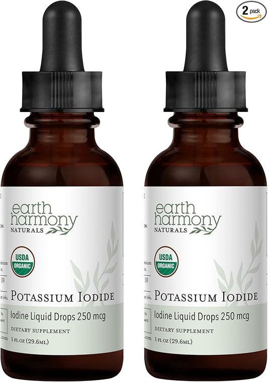 USDA Organic Potassium Iodide 250 mcg Liquid Supplement 2-Pack (1-Year Supply) - Supports The Thyroid Gland and Helps Exposure & Low Levels of Iodine - More Bioavailable Than Tablets, Pills - 1 Fl Oz