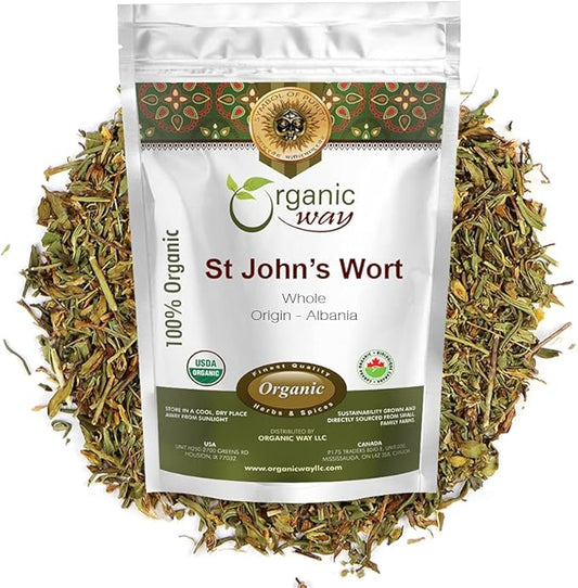 Organic Way St. John's Wort Whole (Hypericum perforatum) - Herbal Tea | European Wild-Harvest | Organic, Kosher & USDA Certified | Vegan, Non GMO & Gluten Free | Origin - Albania (1LBS / 16Oz)