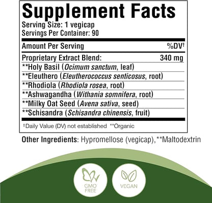 Strest® Capsules (5:1 Powder Extract) Stress Relief Supplements 90 Capsules | One-Month Supply Organic Herbs Ashwagandha Holy Basil Rhodiola Siberian Ginseng Oat Schisandra