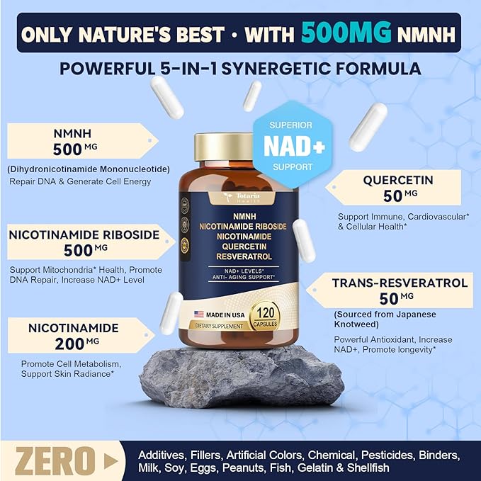 NMNH (Dihydronicotinamide Mononucleotide), Premium NMN Alternative Supplement with Flash-Free Niacinamide (Vitamin B3), Quercetin, and Trans-Resveratrol, 120 Capsules