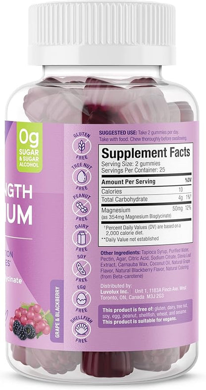 Mega Strength Magnesium - 177 mg of Magnesium Bisglycinate Gummies for Muscle Function - Easy to Chew - Non GMO, Gluten Sugar Free - Grape BlackBerry Flavored Gummy Vitamins (50 Count)