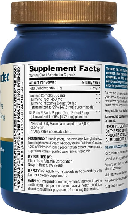 Nature's Wonder Turmeric Supplement with BioPerine - Enhanced Absorption Turmeric Complex 500mg with BioPerine 5mg for Joint Function, Mobility, and Comfort, 90 Vegetarian Turmeric Capsules