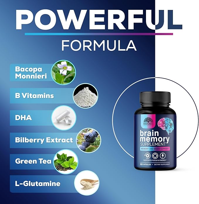 Brain Supplements for Memory and Focus - Advanced Cognitive Formula to Support Concentration, Energy, Clarity - Brain Health Memory Vitamins with Bacopa, Phosphatidylserine, DMAE & More - 60 Capsules