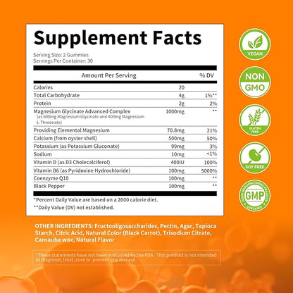Magnesium Glycinate Gummies 1000mg - for Adults Magnesium Potassium Supplement with Vitamin D, B6, CoQ10 for Calm Mood & Sleep Support - 60 Orange Gummies -1 Pack