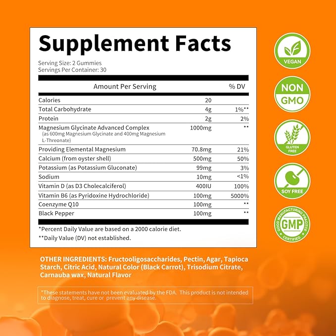Magnesium Glycinate Gummies 1000mg - for Adults Magnesium Potassium Supplement with Vitamin D, B6, CoQ10 for Calm Mood & Sleep Support - 120 Orange Gummies -2 Pack