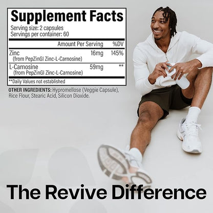 Revive MD Zinc Carnosine Supplement for Men & Women - Zinc & L-Carnosine to Support GI, Stomach Lining & Immune Health - Digestive Health Supplements Supports a Healthy Gut - 120 Vegetarian Capsules