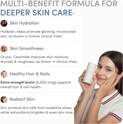 Glow Anti Aging Supplement - Hyabest® Hyaluronic Acid, Ceramide, 5000 mcg Biotin, Vitamin A, C, E, Zinc - Hair Skin Nails Vitamins for Women & Men - Wrinkles & Skin Hydration - 60 Capsules