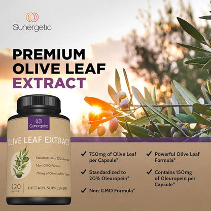 Premium Olive Leaf Extract Capsules – Standardized to 20% Oleuropein – Super Strength Olive Leaf Exact Supplement Supports Immune System & Cardiovascular Health – 750mg Per Capsule – 120 Capsules