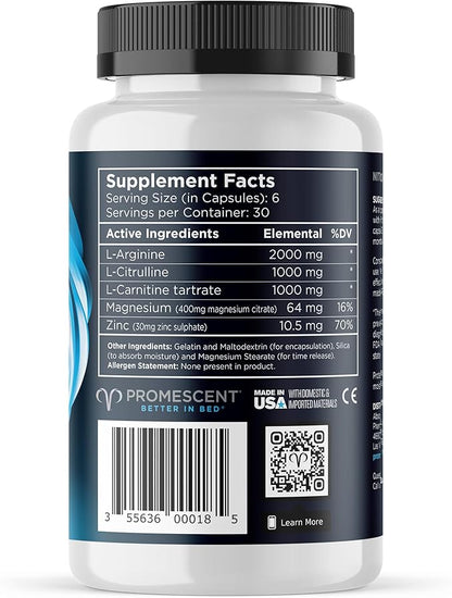 Promescent VitaFLUX Nitric Oxide Supplement, L Arginine l Quality Citrulline Supplements for Men, Supports Healthy Blood Flow, Nitric Oxide Booster Arginine Supplement, 180 Capsules