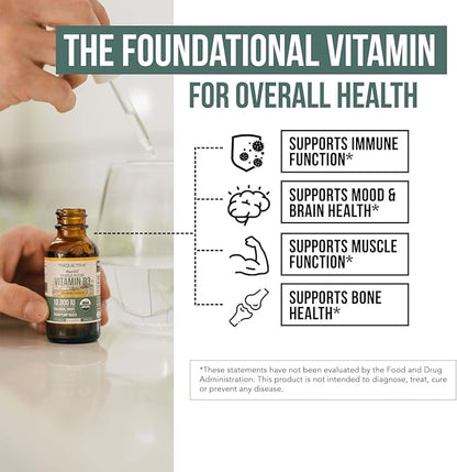 Organic Vitamin D3 10,000 IU - Plant D3, Vegan, Max Strength Sublingual Liquid D3 Drops - 200% Higher Absorption, 100% Plant-Based Cholecalciferol Form & Vegan D3, Adjustable Dosing (30 Servings)