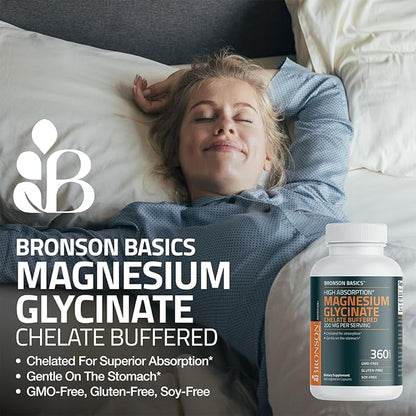 Bronson Magnesium Glycinate 200mg High Absorption Chelated Buffered Gentle On The Stomach Non-GMO, 360 Vegetarian Capsules