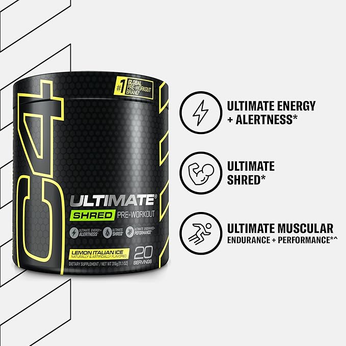 Cellucor C4 Ultimate Shred Pre Workout Powder for Men & Women, Metabolism Supplement with Ginger Root Extract, Lemon Italian Ice, 20 Servings (Pack of 1)