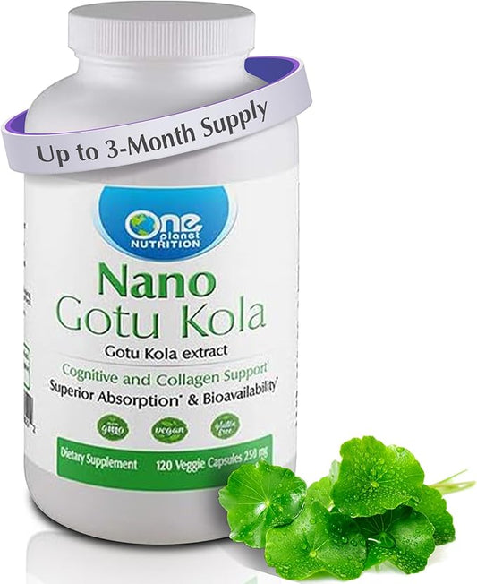 Nano Gotu Kola 250 mg Veggie Capsules (120 Servings), Gotu Kola Extract, Nano for Enhanced Absorption, Enhances Brain Function & Collagen Synthesis, Non-GMO, Vegan, Gluten-Free
