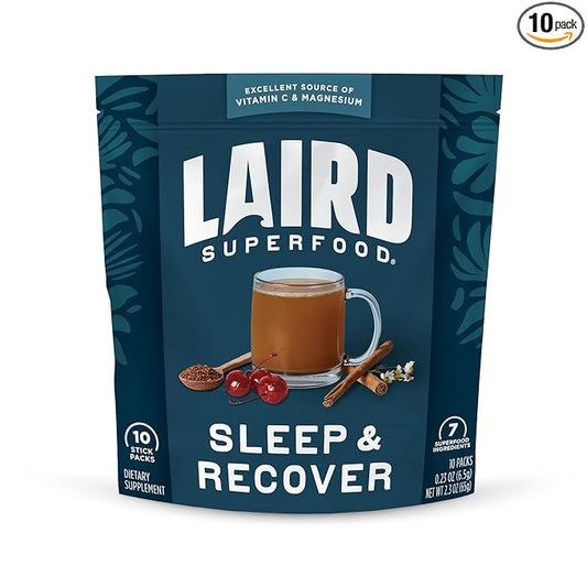 Laird Superfood Sleep & Recover, Bedtime Powdered Drink Mix Calming Supplement to Support Relaxation and Sleep with Tart Cherry and Chamomile, 0.3 Oz Packet, Pack of 10