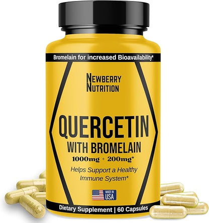Quercetin with Bromelain Supplement 1200mg, Quercetin 500mg Capsules, Helps Support Healthy Immunity, Potent Antioxidant, 60 Count