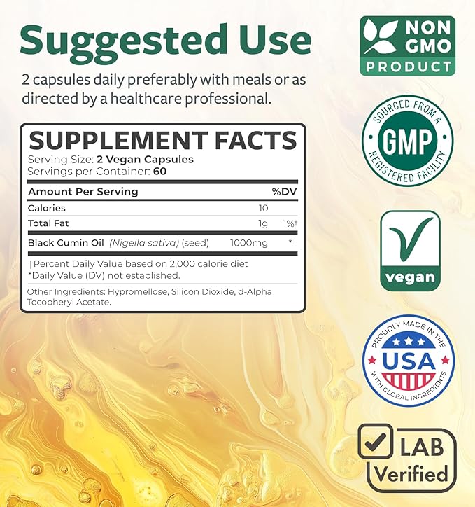 Black Seed Oil - 120 Softgel Capsules Skin Health (Non-GMO & Vegan) Cold-Pressed Nigella Sativa Producing Pure Black Cumin Seed Oil with Vitamin E - 500mg Each, 1000mg Per 2 Capsule Serving