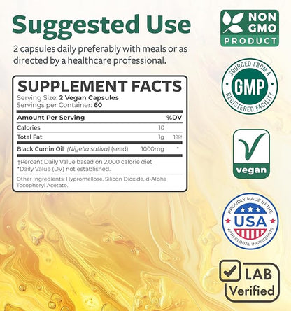 Black Seed Oil - 120 Softgel Capsules Skin Health (Non-GMO & Vegan) Cold-Pressed Nigella Sativa Producing Pure Black Cumin Seed Oil with Vitamin E - 500mg Each, 1000mg Per 2 Capsule Serving