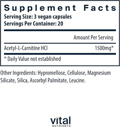 Vital Nutrients Acetyl L-Carnitine 500mg | Brain, Memory, and Cognitive Support Supplement* | Vegan | Gluten, Dairy, Soy Free | Non-GMO | 60 Capsules