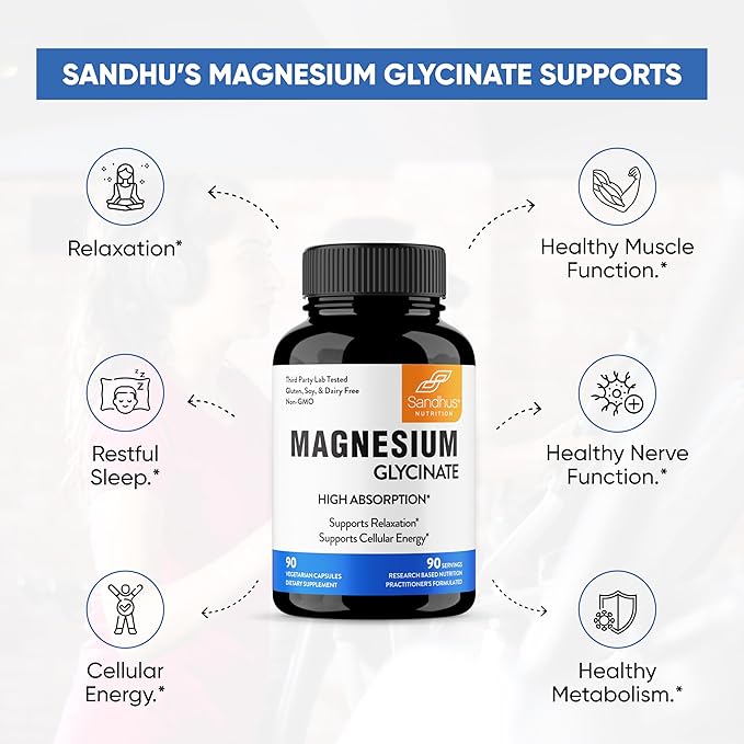 Sandhu's Superior Absorption Magnesium Glycinate 775mg|140mg Elemental Magnesium Capsules|90 Count (Pack of 2), 180 Days Supply|Supports Restful Sleep, Nerve, Muscle, Bone, Heart Health