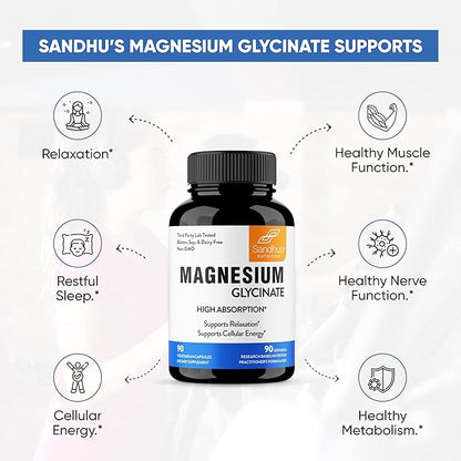 Sandhu's Superior Absorption Magnesium Glycinate 775mg|140mg Elemental Magnesium Capsules|90 Count (Pack of 2), 180 Days Supply|Supports Restful Sleep, Nerve, Muscle, Bone, Heart Health