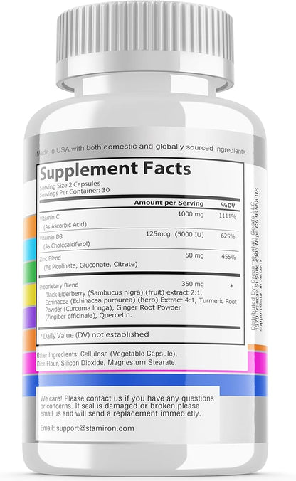 8 in 1 Immune Support with Quercetin Zinc 50mg Vitamin C 1000mg Vitamin D3 5000 IU and Elderberry Echinacea Ginger for Adults Kids - VIT D Supplement Veg Capsules