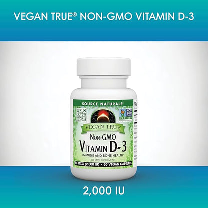 Source Naturals Vegan True, Non-GMO Vitamin D-3, Dietary Supplement for Immune and Bone Health*, 2,000 IU - 60 Capsules
