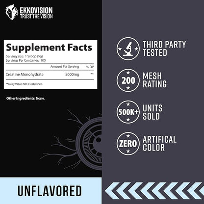 Creatine Monohydrate Powder, Micronized, Unflavored, Pre Workout & Post Workout Supplement for Men and Women, Energy Support, Easy to Mix in Shakes, Smoothies & Beverages, 100 Servings