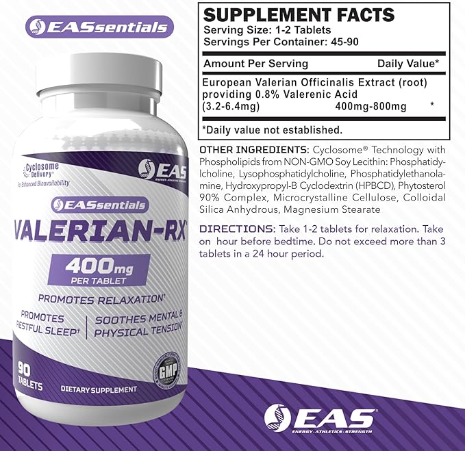 Experimental and Applied Sciences Valerian-RX Valerian Root 400mg | Promotes Relaxation & Restful Sleep | Gluten Free, Non GMO | Better Absorption with Cyclosome Delivery | 90 Tablets