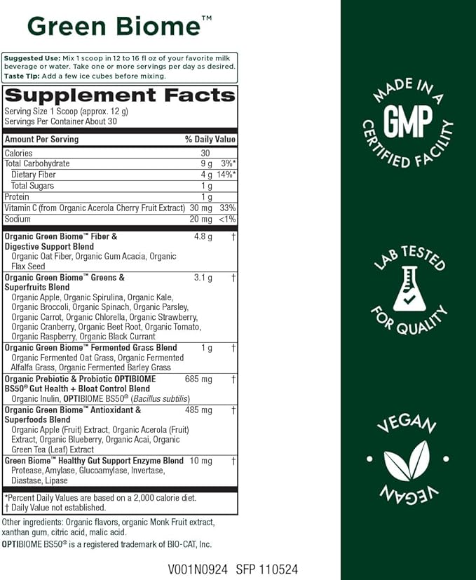 Green Biome - Elite Organic Greens Superfood + Daily OptiBiome Probiotic - Optimized to Promote Bloating Relief, Digestive Comfort + Regularity, Energy - Vegan. Gluten Free -Apple Flavor - 30 Servings