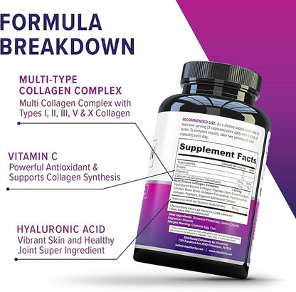 Multi Collagen Peptides Capsules for Women - Hydrolyzed Collagen for Women Pills with Types I II III V & X Plus Vitamin C & Hyaluronic Acid for Beautiful Hair Skin and Nails - 60 Servings