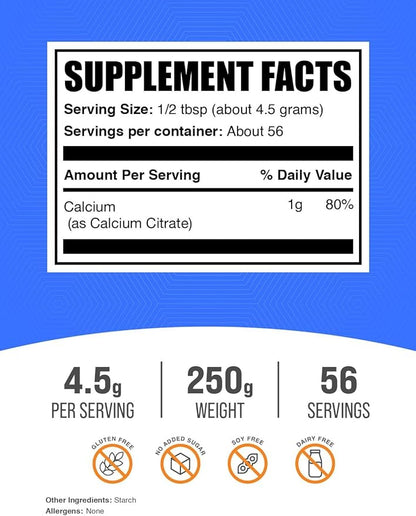 BulkSupplements.com Calcium Citrate Powder - Calcium Supplement, High Bioavailable - Unflavored & Gluten Free, 4.5g per Serving, 250g (8.8 oz) (Pack of 1)